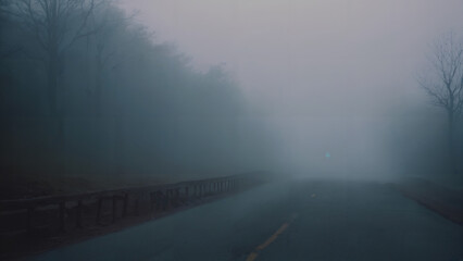 view of a foggy road with a single light