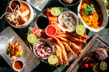 Set Seafood with salmon fish, tuna, shrimp on plate
