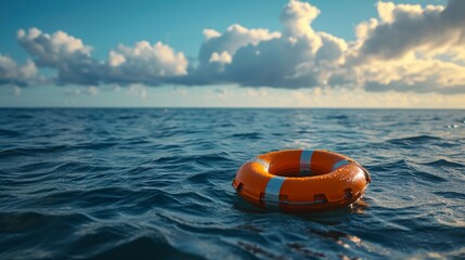 The orange lifebuoy floats on the open sea, offering a glimmering promise of rescue and security amidst the vast blue waters.