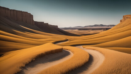 Fototapeta na wymiar view of a desert with a winding road in the middle,