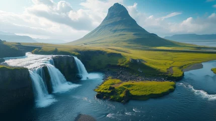 Foto auf Acrylglas Antireflex Kirkjufell Experience the magic of Iceland's Kirkjufell, where the sun's descent paints the sky and waterfall in vibrant sunset shades, creating a mesmerizing masterpiece of nature.