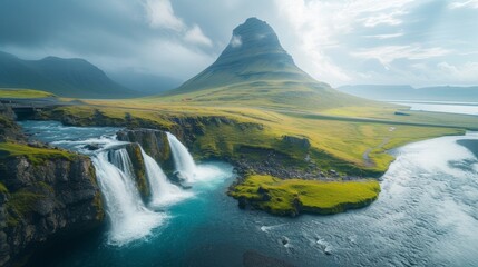 Experience the magic of Iceland's Kirkjufell, where the sun's descent paints the sky and waterfall in vibrant sunset shades, creating a mesmerizing masterpiece of nature.