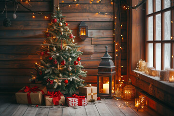 A glowing lantern illuminates a Christmas tree, casting a cozy glow in the serene ambiance of a winter landscape.