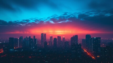 As dawn breaks, the city's skyline comes alive with the silhouette of towering skyscrapers, a scenic panorama set against the early morning sky.