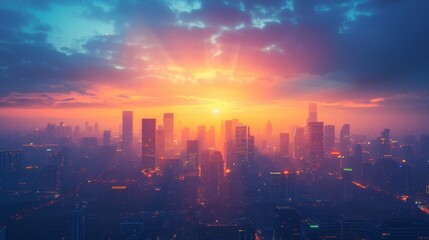 As dawn breaks, the city's skyline comes alive with the silhouette of towering skyscrapers, a scenic panorama set against the early morning sky.