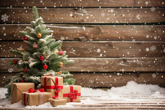 Christmas presents neatly arranged under a tree against a rustic wooden backdrop, radiating holiday warmth and joy.