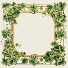 Empty watercolor square frame adorned with shamrock leaves