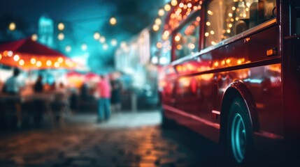 Generative AI, Food truck street festival, blurred lights background, atmospheric bokeh, muted colors	
