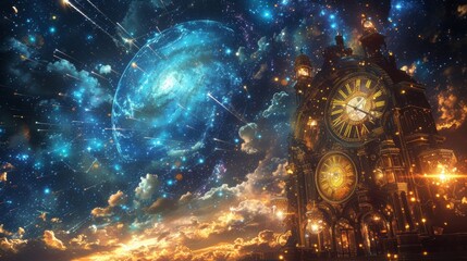 The enigmatic timekeeper, with an hourglass of cosmic sand, watches over the eternal dance of stars, ticking away eons in the endless astral theater. - obrazy, fototapety, plakaty