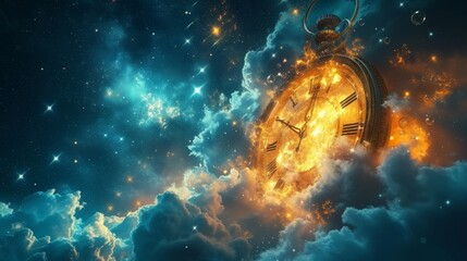 The timekeeper's hourglass holds the sands of eternity, marking the passage of eons as stars waltz in the celestial expanse. - obrazy, fototapety, plakaty