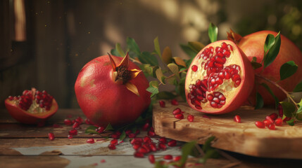 Healthy red pomegranate fruit trees. Rich harvest, pomegranate plantations with beautiful trees. Red, ripe pomegranates on a branch Fruits are very useful for a healthy lifestyle. Copy Space