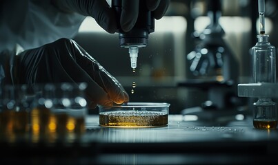 Close-up of a scientist's hands producing a vaccine in a sterile lab environment, precise droplets being added to a petri dish, embodying the meticulous research and hope for health