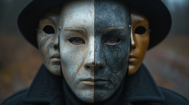 The man's collection of masks reflects the enigma of his identity, each one a symbol of the contradictions and deceptions he performs daily.