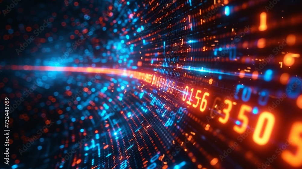 Poster experience the future of digital communication with high-speed data transmission and binary code, en
