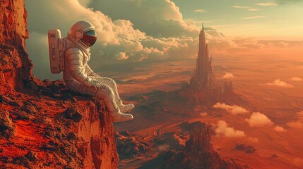 The astronaut gazes at the rugged cliffs of Mars, feeling like a solitary explorer in the vast expanse of the universe.