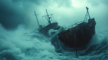 Fototapeten "The shipwreck caused by the violent storm at sea left the vessel in ruins, stranded and sinking amidst the tempest's chaos, as rescue teams braved the treacherous waters to save the crew." © tonstock