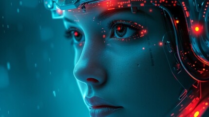 Caught between humanity and machinery, this digital portrait of a cyborg captures a fleeting expression of emotion, blurring the lines of what it means to be truly alive.