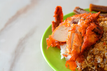 Close-up of the renowned Nasi Kandar or Kandar Rice, a highly popular dish in the state of Penang, Malaysia.