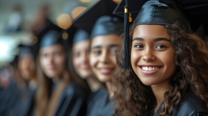 Fototapeta premium Multiracial graduates hold diplomas high, ready to take on the world with bright smiles and unstoppable determination.