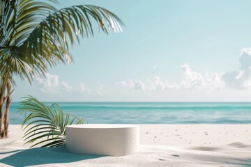 Minimalistic white podium on a peaceful beach with tropical palm leaves, evoking a calm and pure aesthetic - obrazy, fototapety, plakaty