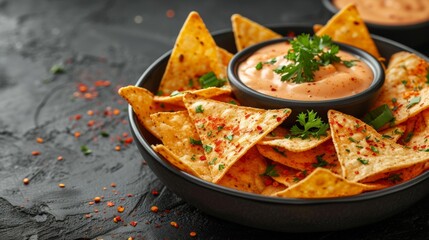 Indulge in the vibrant flavors of Mexico with a plate of crispy nachos, loaded with melted cheese, fiery salsa, and velvety guacamole on a chic black stone surface.