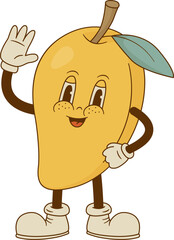 Cute mango mascot vector illustration. Funny retro cartoon tropical fruit character on white background.