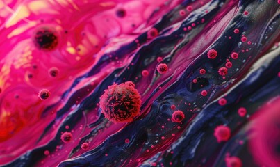 Pink virus in blood flow medical digital microscopic background using contrast medium - obrazy, fototapety, plakaty