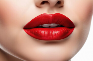 Fototapeta premium Red shiny lips closeup. Red lipstick make up.