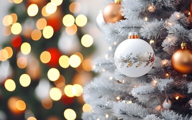 Fototapeta na wymiar Snowball on christmas tree with bokeh background. happy new year theme.