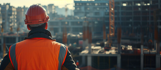 A construction engineer standing on a building site wearing a protective helmet and uniform. Rear view looking at a building under construction.