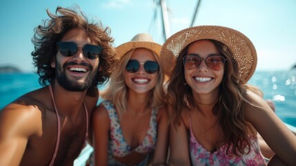 Capturing multicultural moments on a summer boat ride, friends from London to Berlin snap selfies and share laughter, celebrating their diverse backgrounds.