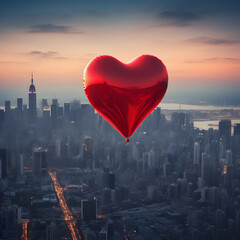 Red heart balloon floating over a big city 