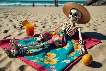 A whimsical skeleton, dressed in a colorful sundress and a floppy sunhat