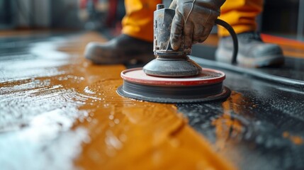 A skilled cleaner in uniform expertly operates a high-speed polisher, ensuring every inch of the floor gleams with cleanliness.
