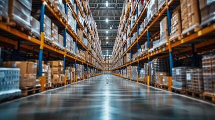 Forklift drivers expertly maneuver through the warehouse, efficiently stacking cardboard boxes on shelves for seamless shipping and distribution. - obrazy, fototapety, plakaty