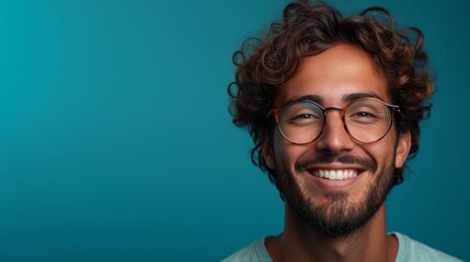 Capture the joy of life with a portrait of a young man's beaming smile, trendy glasses, and a pop of turquoise, radiating confidence and happiness.