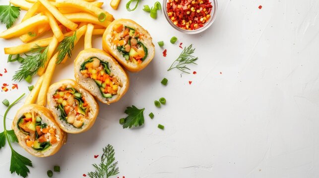 Top view vegetable pate rolls with french fries on white surface, realistic, HD, copy space - generative ai