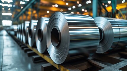 The heavy industry production of aluminum metal fittings involves rolling and stacking rods and wires in a factory, creating a pattern of silver-grey materials used in construction. - obrazy, fototapety, plakaty