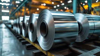 Poster The heavy industry production of aluminum metal fittings involves rolling and stacking rods and wires in a factory, creating a pattern of silver-grey materials used in construction. © tonstock