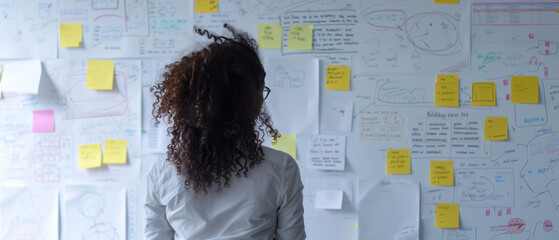 Woman analyzing a wall filled with complex research notes and colorful sticky notes.