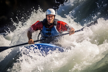 Naklejka premium A captivating view of a kayaker navigating through turbulent whitewater rapids