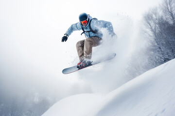 An awe-inspiring view of a snowboarder executing a perfect jump in a snow-covered terrain