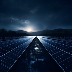 Rows of Solar Panels at night 