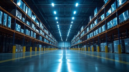 This futuristic warehouse leverages robotics and automation to streamline inventory control and distribution, ensuring a systematic and efficient industrial process. - obrazy, fototapety, plakaty