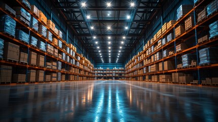 This state-of-the-art warehouse leverages robotics and automation for a streamlined inventory and distribution process. - obrazy, fototapety, plakaty