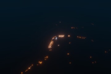 Aerial shot of Male (Maldives) at night, view from north. Imitation of satellite view on modern city with street lights and glow effect. 3d render - obrazy, fototapety, plakaty