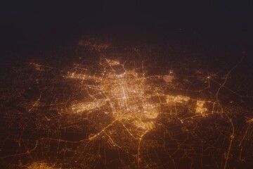 Aerial shot of Lodz (Poland) at night, view from south. Imitation of satellite view on modern city with street lights and glow effect. 3d render - obrazy, fototapety, plakaty
