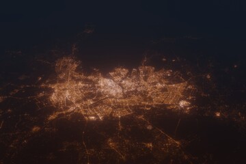 Aerial shot on St Petersburg (Russia) at night, view from east. Imitation of satellite view on modern city with street lights and glow effect. 3d render - obrazy, fototapety, plakaty