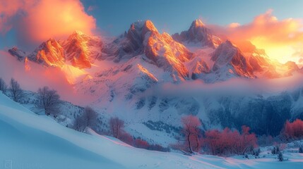 Experience the breathtaking beauty of the Alps as the setting sun paints the peaks in warm hues, inviting you to explore the winter wonderland.