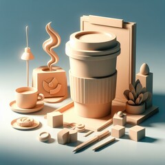 3D Coffee Composition. 3D minimalist cute illustration on a light background.